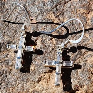 Sterling Silver CZ cross French Wire Earrings